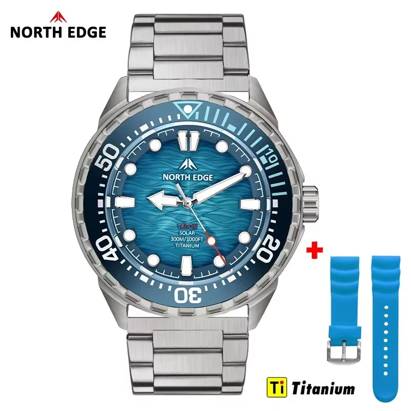 NORTH EDGE TRITON-TI Solar Titanium Diving Watch for Men | 300M Waterproof Luxury Quartz Watch