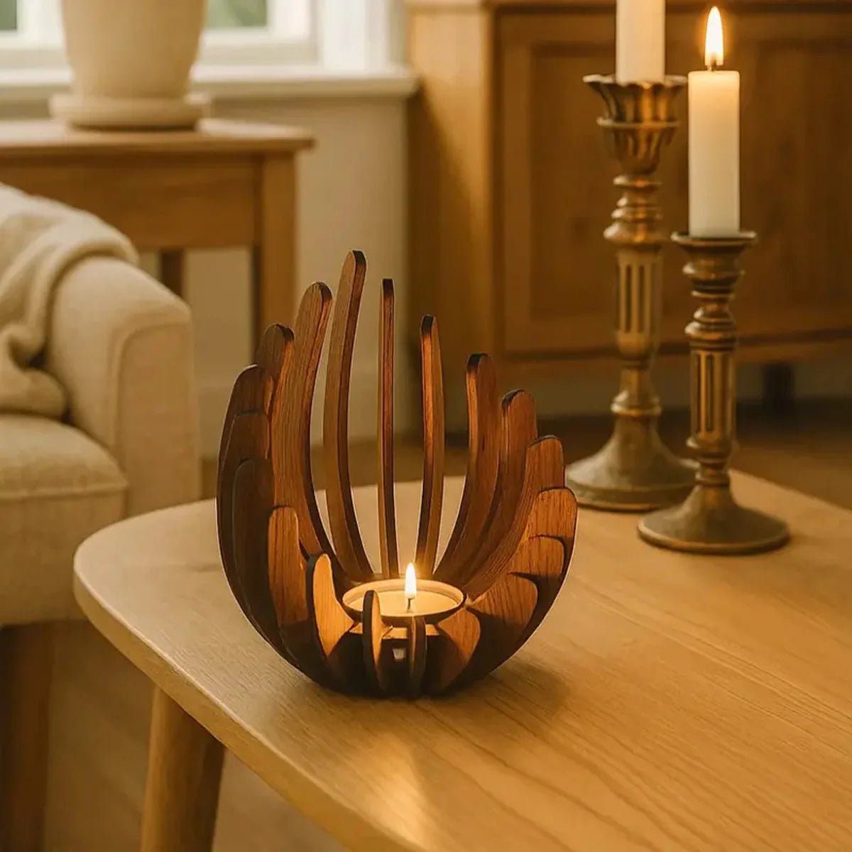 Handcrafted Lotus Wooden Tea Light Candle Holder – Elegant Minimalist Home Décor Centerpiece