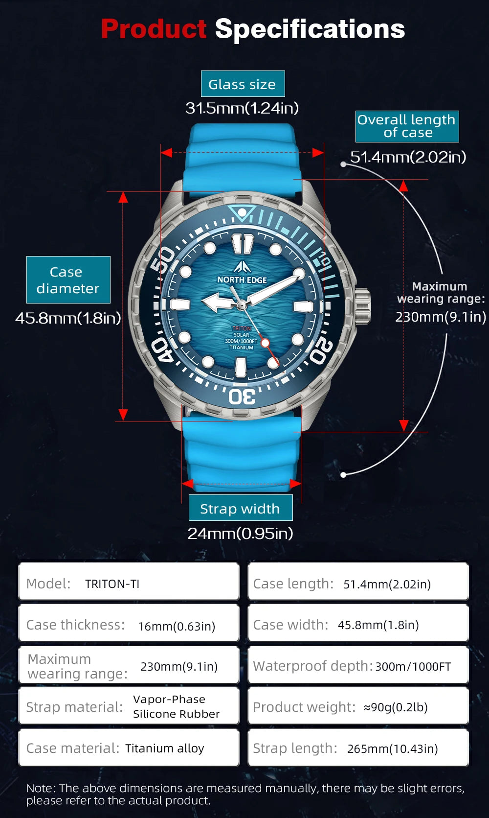 NORTH EDGE TRITON-TI Solar Titanium Diving Watch for Men | 300M Waterproof Luxury Quartz Watch