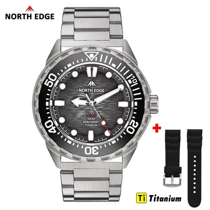 NORTH EDGE TRITON-TI Solar Titanium Diving Watch for Men | 300M Waterproof Luxury Quartz Watch