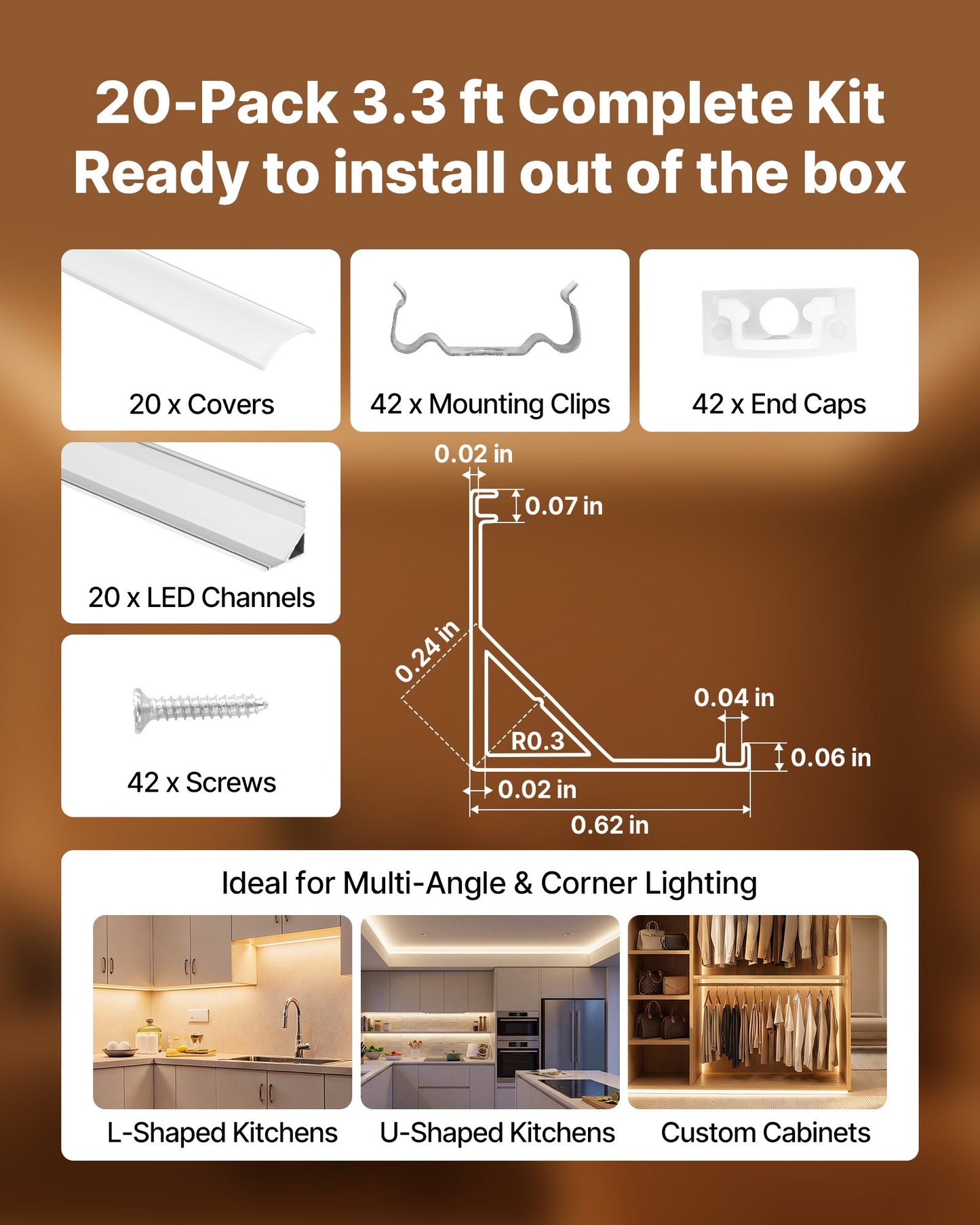 20-Pack 3.3 ft/1M V Shape LED Aluminum Channel, with Milky Cover, End
