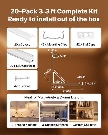20-Pack 3.3 ft/1M V Shape LED Aluminum Channel, with Milky Cover, End